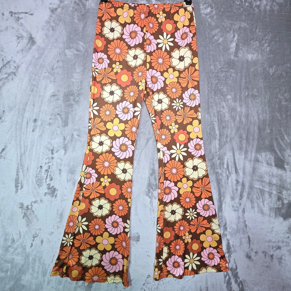 ROMWE Womens Retro 70s Floral Print Flare Pants Orange Pink Brown Size M NWT